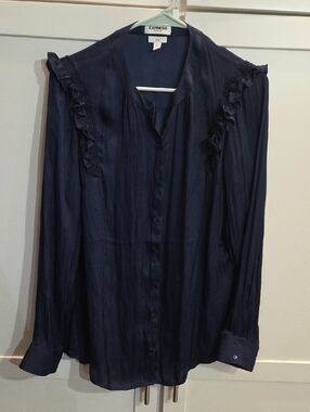 Express Navy Ruffle-Trim Button-Down Blouse